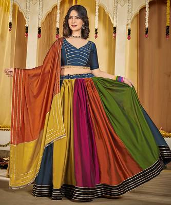 Women's Multi Colour Rangoli Silk Traditional Kutchi Embroidery with Mirror Work Semi Stiched Lehenga Choli With Dupatta 3