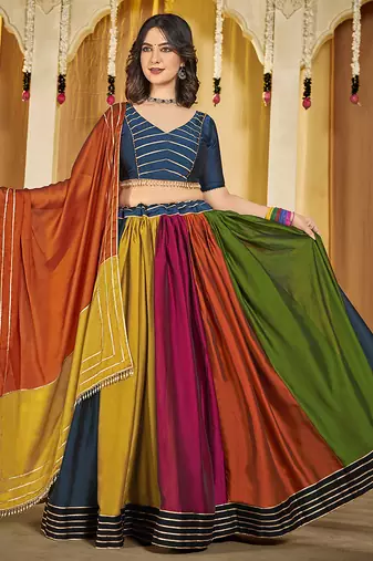 Women's Multi Colour Rangoli Silk Traditional Kutchi Embroidery with Mirror Work Semi Stiched Lehenga Choli With Dupatta