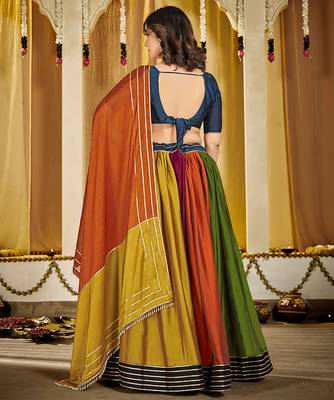 Women's Multi Colour Rangoli Silk Traditional Kutchi Embroidery with Mirror Work Semi Stiched Lehenga Choli With Dupatta 4