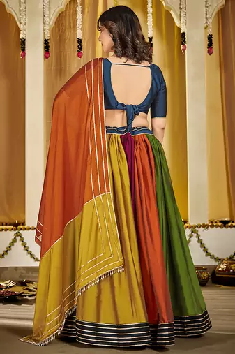 Women's Multi Colour Rangoli Silk Traditional Kutchi Embroidery with Mirror Work Semi Stiched Lehenga Choli With Dupatta
