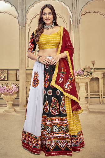Women's White & Yellow Georgette, Cotton Silk ,Mono Silk Traditional Kutchi Embroidery with Mirror Work