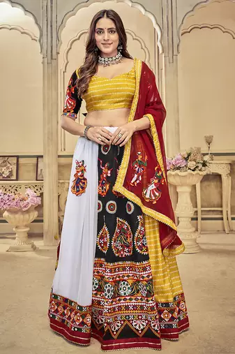 Women's White & Yellow Georgette, Cotton Silk ,Mono Silk Traditional Kutchi Embroidery with Mirror Work