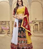 Women's White & Yellow Georgette, Cotton Silk ,Mono Silk Traditional Kutchi Embroidery with Mirror Work
