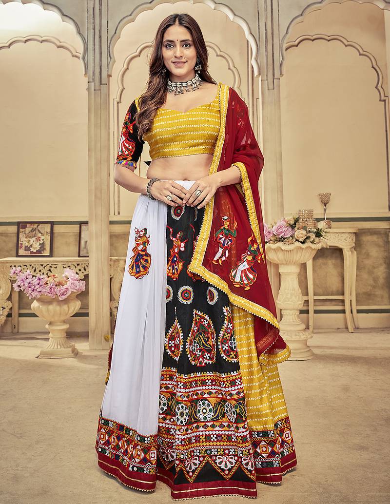 Women's White & Yellow Georgette, Cotton Silk ,Mono Silk Traditional Kutchi Embroidery with Mirror Work