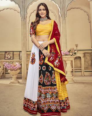 Women's White & Yellow Georgette, Cotton Silk ,Mono Silk Traditional Kutchi Embroidery with Mirror Work 2