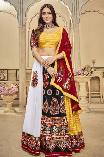 Women's White & Yellow Georgette, Cotton Silk ,Mono Silk Traditional Kutchi Embroidery with Mirror Work