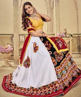 Women's White & Yellow Georgette, Cotton Silk ,Mono Silk Traditional Kutchi Embroidery with Mirror Work 3