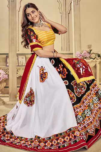 Women's White & Yellow Georgette, Cotton Silk ,Mono Silk Traditional Kutchi Embroidery with Mirror Work