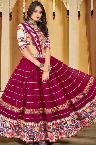 Women's Pink Georgette Traditional Kutchi Embroidery with Mirror Work Semi Stiched Lehenga Choli With Dupatta