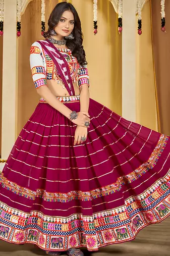 Women's Pink Georgette Traditional Kutchi Embroidery with Mirror Work Semi Stiched Lehenga Choli With Dupatta