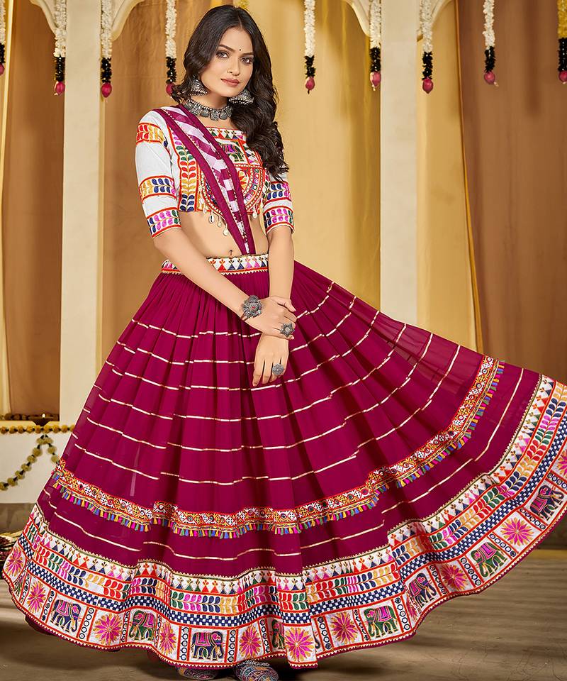 Women's Pink Georgette Traditional Kutchi Embroidery with Mirror Work Semi Stiched Lehenga Choli With Dupatta
