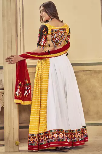 Women's White & Yellow Georgette, Cotton Silk ,Mono Silk Traditional Kutchi Embroidery with Mirror Work