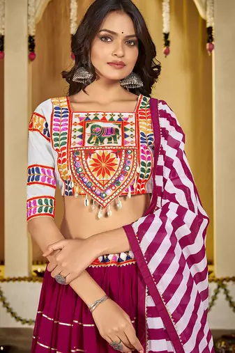 Women's Pink Georgette Traditional Kutchi Embroidery with Mirror Work Semi Stiched Lehenga Choli With Dupatta