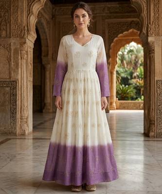 Lavendar and white anarkali gown with gold floral motifs 1