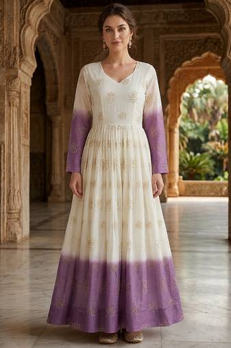 Lavendar and white anarkali gown with gold floral motifs