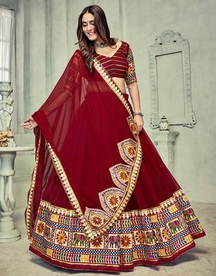 Women's Dark Maroon Georgette Traditional Kutchi Embroidery with Mirror Work Semi Stiched Lehenga Choli With Dupatta 1