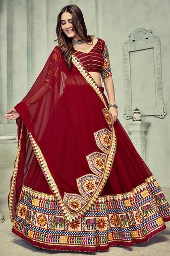 dark maroon kutchi embroidery georgette navratri lehenga choli