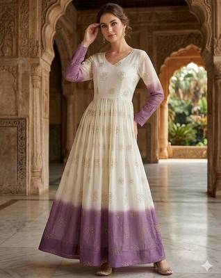Lavendar and white anarkali gown with gold floral motifs 2