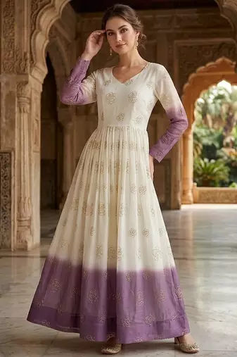 Lavendar and white anarkali gown with gold floral motifs