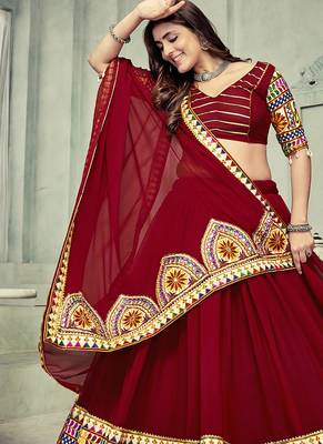 Women's Dark Maroon Georgette Traditional Kutchi Embroidery with Mirror Work Semi Stiched Lehenga Choli With Dupatta 2