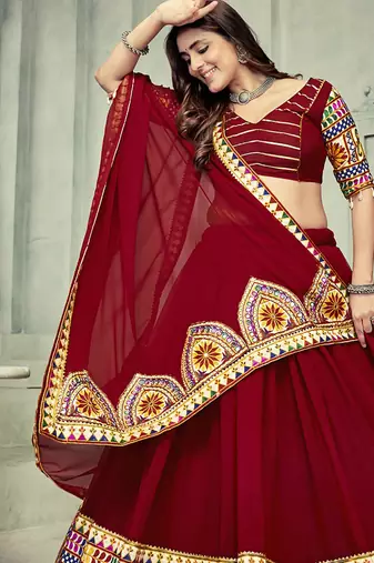 Women's Dark Maroon Georgette Traditional Kutchi Embroidery with Mirror Work Semi Stiched Lehenga Choli With Dupatta