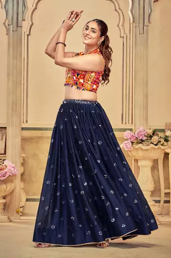 Women's Blue Rangoli Silk Traditional Kutchi Embroidery with Mirror Work Semi Stiched Lehenga Choli With Dupatta