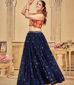 Women's Blue Rangoli Silk Traditional Kutchi Embroidery with Mirror Work Semi Stiched Lehenga Choli With Dupatta