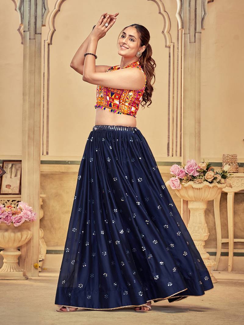Women's Blue Rangoli Silk Traditional Kutchi Embroidery with Mirror Work Semi Stiched Lehenga Choli With Dupatta