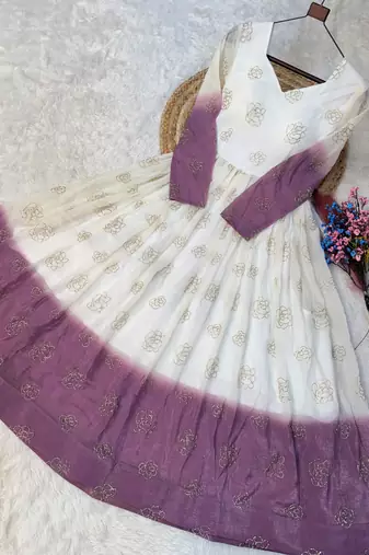 Lavendar and white anarkali gown with gold floral motifs