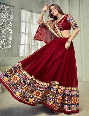 Women's Dark Maroon Georgette Traditional Kutchi Embroidery with Mirror Work Semi Stiched Lehenga Choli With Dupatta 3