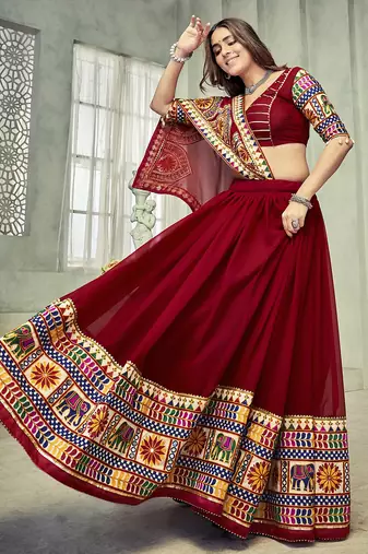 Women's Dark Maroon Georgette Traditional Kutchi Embroidery with Mirror Work Semi Stiched Lehenga Choli With Dupatta