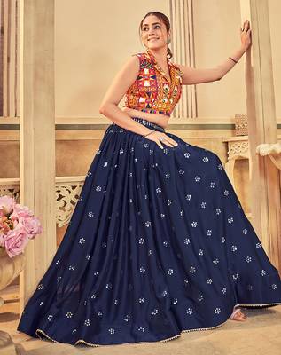 Women's Blue Rangoli Silk Traditional Kutchi Embroidery with Mirror Work Semi Stiched Lehenga Choli With Dupatta 2