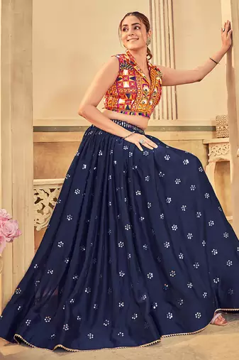 Women's Blue Rangoli Silk Traditional Kutchi Embroidery with Mirror Work Semi Stiched Lehenga Choli With Dupatta