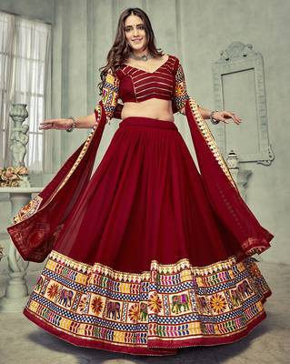 Women's Dark Maroon Georgette Traditional Kutchi Embroidery with Mirror Work Semi Stiched Lehenga Choli With Dupatta 4