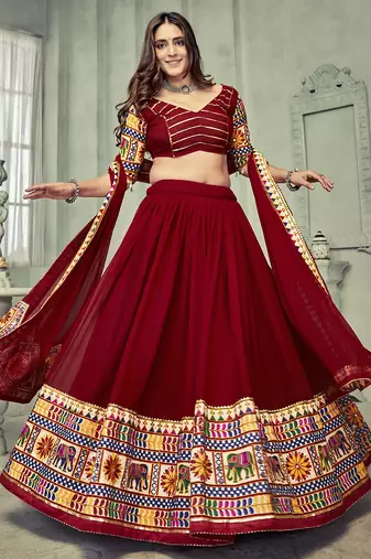 Women's Dark Maroon Georgette Traditional Kutchi Embroidery with Mirror Work Semi Stiched Lehenga Choli With Dupatta