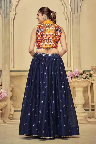 Women's Blue Rangoli Silk Traditional Kutchi Embroidery with Mirror Work Semi Stiched Lehenga Choli With Dupatta
