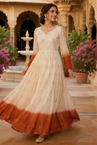 Rust and white  anarkali gown with gold floral motifs