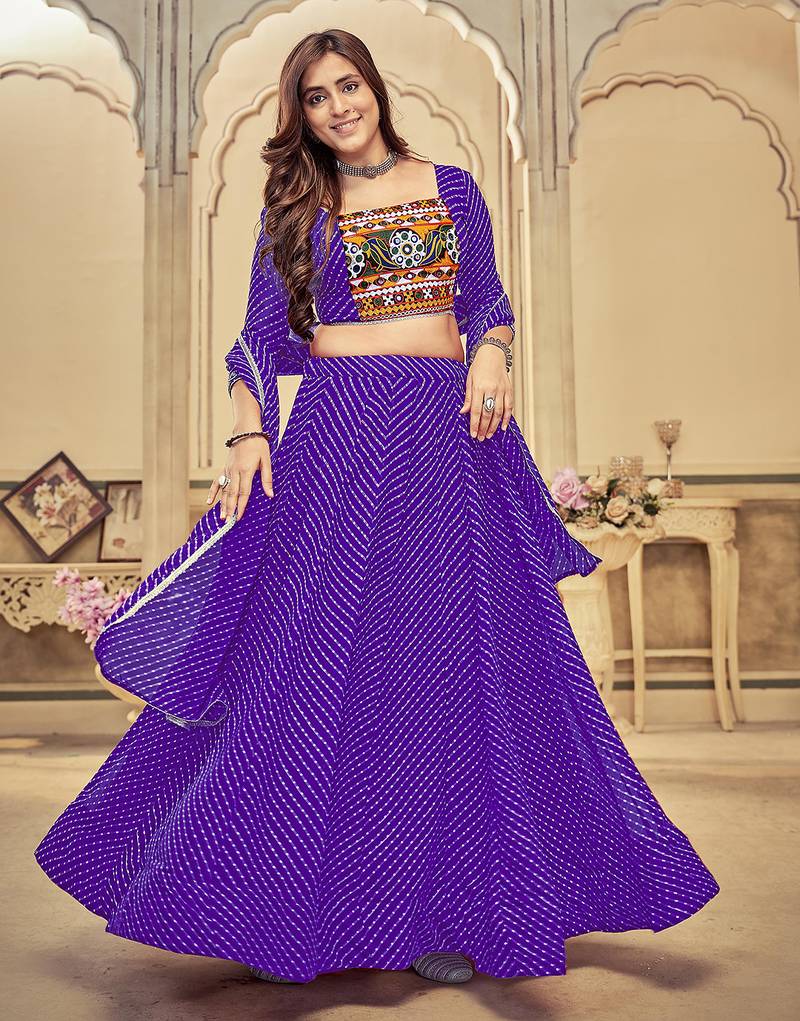 Women's Purple Georgette Embroidery and Printed  Semi Stiched Lehenga Choli With Dupatta