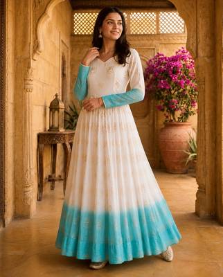 Sky blue  and white  anarkali gown with gold floral motifs 2