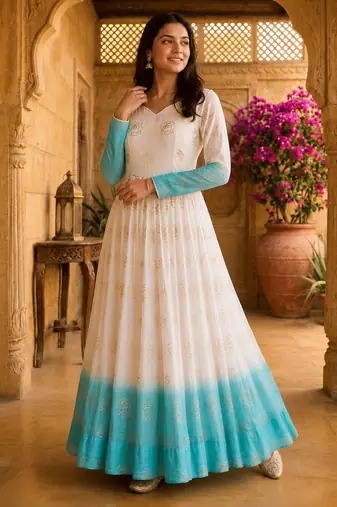Sky blue  and white  anarkali gown with gold floral motifs