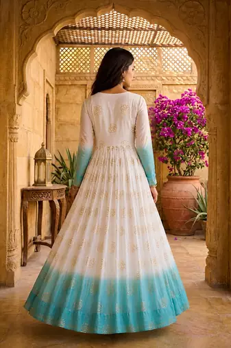 Sky blue  and white  anarkali gown with gold floral motifs