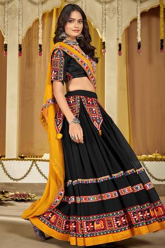 Women's Black Georgette Traditional Kutchi Embroidery with Mirror Work Semi Stiched Lehenga Choli With Dupatta