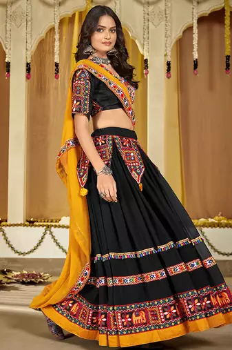 Women's Black Georgette Traditional Kutchi Embroidery with Mirror Work Semi Stiched Lehenga Choli With Dupatta