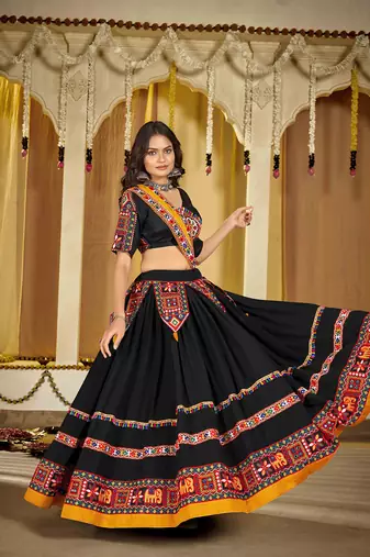 Women's Black Georgette Traditional Kutchi Embroidery with Mirror Work Semi Stiched Lehenga Choli With Dupatta