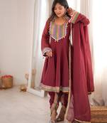 New women's maroon designer peplum kurti with dhoti salwar and multicolor embroidered border
