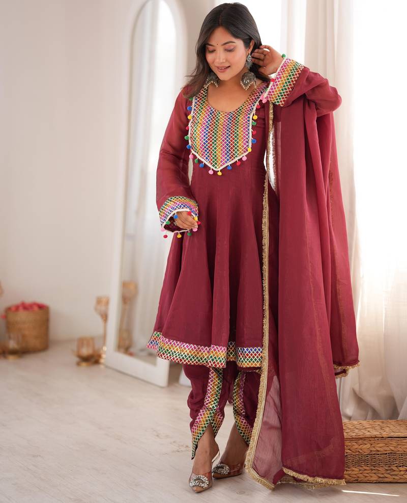 New women's maroon designer peplum kurti with dhoti salwar and multicolor embroidered border