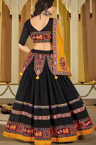 Women's Black Georgette Traditional Kutchi Embroidery with Mirror Work Semi Stiched Lehenga Choli With Dupatta