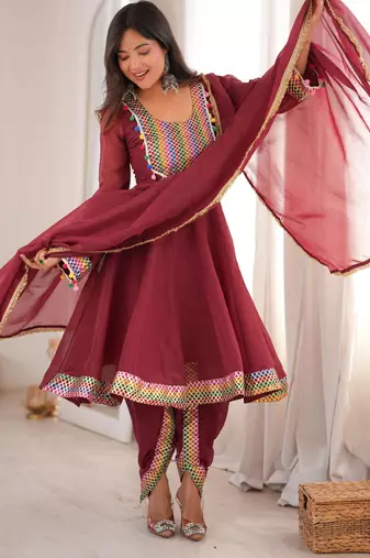  maroon peplum kurti with dhoti salwar and multicolor embroidered border