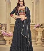 Women's Black Georgette Embroidery and Printed  Semi Stiched Lehenga Choli With Dupatta
