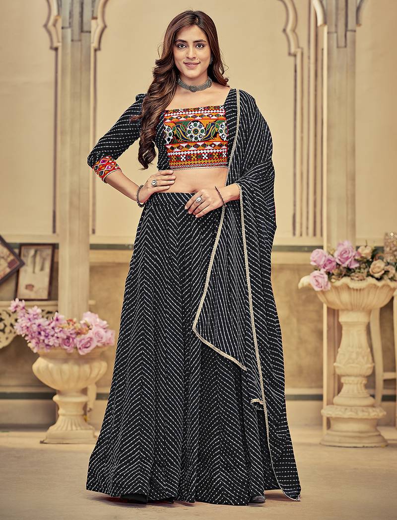 Women's Black Georgette Embroidery and Printed  Semi Stiched Lehenga Choli With Dupatta